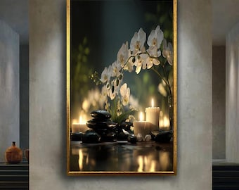 Spa Orchid Candle Wall Art Print – Zen Stones with White Flowers Canvas – Relaxing Meditation Poster – Peaceful Home Decor Artwork