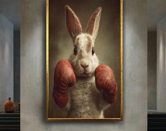 Boxing Bunny Canvas Wall Art – Funny Rabbit Wearing Red Boxing Gloves Animal Portrait Illustration for Home Gym or Kids Room Decor