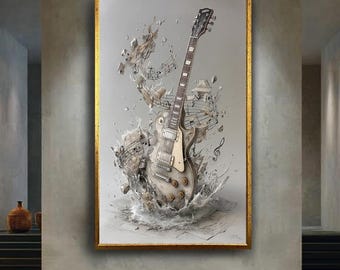 Exploding Guitar Wall Art Canvas, Electric Guitar with Music Notes Illustration, Dynamic Rock Music Decor for Studio or Music Room Gift