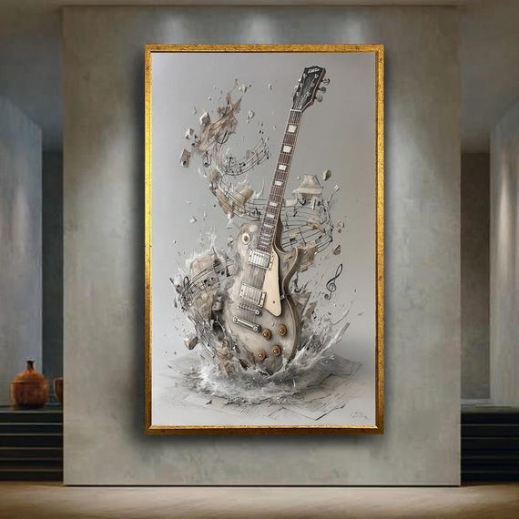 Exploding Guitar Wall Art Canvas, Electric Guitar With Music Notes
