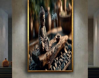 Zen Buddha Canvas Wall Art with Burning Incense and Stones – Peaceful Spiritual Decor Print for Meditation or Yoga Room Ambience