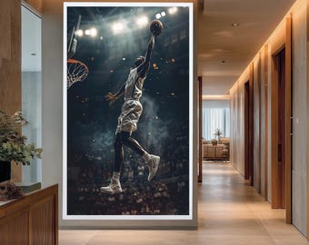 Epic Basketball Dunk Canvas Art, Flying Athlete Wall Art, Sports Motivation Poster, Intense Basketball Action Print