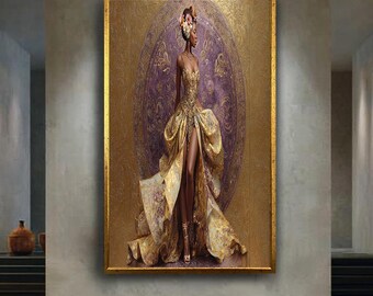 Luxury African Woman Canvas Wall Art with Gold and Purple Gown, Floral Crown Glamour Portrait Elegant Fashion Home Decoration