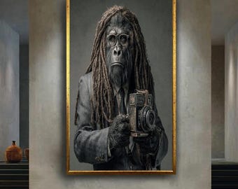 Gorilla Photographer Canvas Wall Art – Vintage Camera Animal Portrait in Suit – Quirky Anthropomorphic Print for Eclectic Home Decor