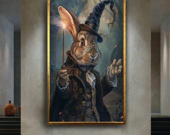 Wizard Rabbit Wall Art Canvas – Magical Bunny Portrait with Wand and Hat – Fantasy Animal Print for Whimsical or Nursery Room Decor