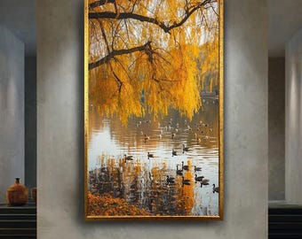 Autumn Lake Wall Art with Ducks and Golden Willow Tree Peaceful Nature Landscape Photography Rustic Seasonal Home Decor