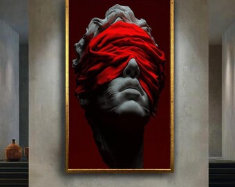Blindfolded Marble Statue Wall Art, Red Cloth Surreal Greek Bust Poster, Dark Minimal Modern Abstract Sculpture Print