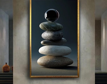 Modern Zen Stone Stack Canvas Print – Minimalist Balance Artwork with Glass Sphere for Calm Interior, Meditation Room or Wellness Decor