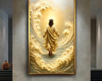Jesus Walking on Water Canvas Wall Art – Spiritual Christian Poster with Golden Light and Ocean Waves, Religious Inspirational Décor