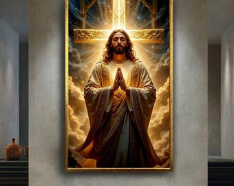 Praying Jesus Canvas Wall Art, Glorious Cross Christian Print, Spiritual Faith Artwork for Religious Home and Church Decor