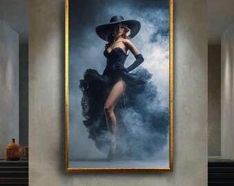 Glamorous Woman in Black Gown and Wide Brim Hat Canvas Wall Art, Elegant High Fashion Portrait Photography for Luxury Home Decor