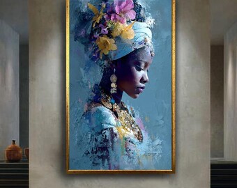 Blue Goddess Portrait Wall Art Print, Ethereal Afro Woman Canvas Art, Floral Crown Spiritual Beauty Illustration for Home Decor
