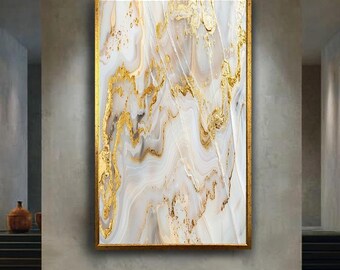 White Grey and Gold Marble Canvas Wall Art with Abstract Fluid Print, Modern Luxury Minimalist Home Decoration