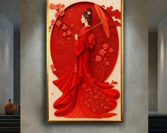 Elegant Japanese Woman in Red Kimono Wall Art with Cherry Blossoms and Umbrella, Traditional Asia Style Canvas Print for Oriental Decor