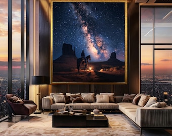 Cowboy Under Milky Way Wall Art Night Sky Western Landscape Starry Desert Print Lone Rider Galaxy Scene Canvas Art