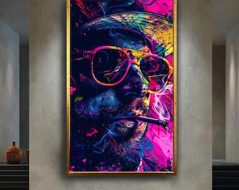 Neon Street Art Canvas Wall Art – Psychedelic Urban Portrait with Graffiti Style Colors for Modern Home, Music Studio or Art Lover Gift