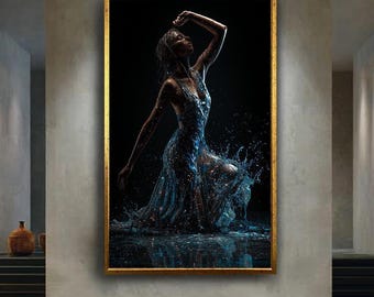 water splash dancer art print powerful woman in motion fluid elegance blue abstract canvas modern wall decor for dance lovers
