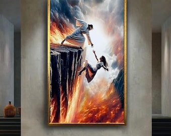 Jesus Rescuing Woman from Hell Wall Art | Dramatic Christian Salvation Canvas Print | Powerful Religious Artwork of Redemption and Grace