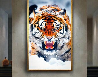 Roaring tiger canvas wall art print, wild snow jungle animal print, fierce predator artwork for office, gamer room or bold home decor