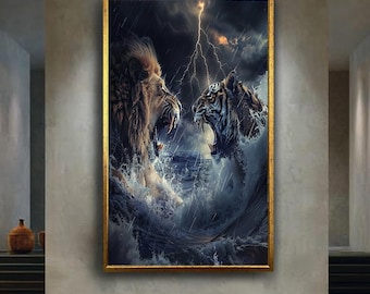Lion vs Tiger Epic Battle Canvas Wall Art – Powerful Wildlife Clash in Stormy Ocean, Dramatic Animal Print for Bold Home Decor