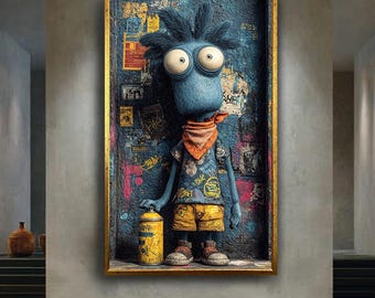 Graffiti Creature Canvas Wall Art – Whimsical Blue Street Art Character with Spray Can – Urban Style Funny Print for Cool Room Decor