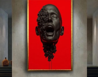 Dark Surreal Scream Wall Art, Abstract Black Sculpture Head with Flowers on Red Background, Gothic Emotional Canvas Art Print