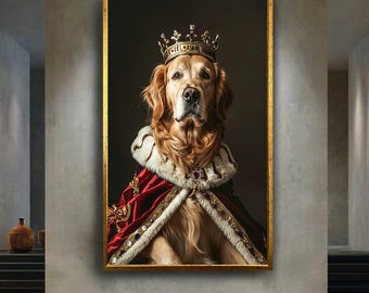 Royal Dog Canvas Wall Art – Noble Golden Retriever Portrait in Crown and Cape – Funny Pet Royalty Print for Regal Animal Lovers Decor