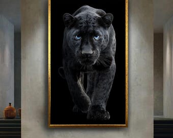 Black Panther Wall Art Print, Blue Eyes Wild Cat Canvas Art, Minimalist Animal Portrait, Dark Jungle Wildlife Room Decor