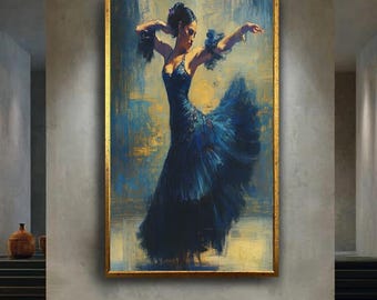 Flamenco Dancer Canvas Wall Art, Elegant Blue Dress Dance Print, Spanish Style Movement Artwork for Modern or Artistic Interiors
