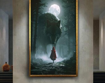 Dark Fantasy Canvas Wall Art with Giant Wolf and Red Cloak Girl in Moonlit Forest – Mystical Fairytale Print for Gothic Home Decor