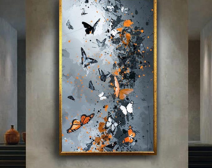 Featured listing image: Abstract Butterfly Canvas Wall Art – Gray and Orange Splatter Painting with Elegant Flying Butterflies for Modern Nature Inspired Decor