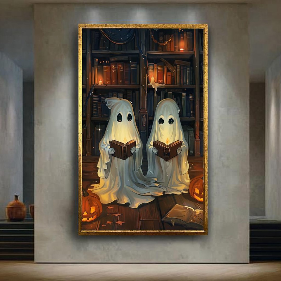 Cute Ghosts Reading Wall Art Cozy Halloween Library Scene With Pumpkins ...