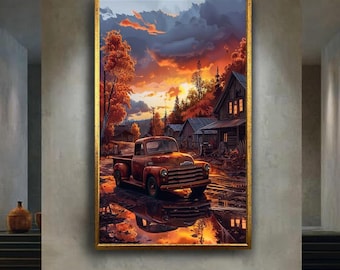 Rustic Autumn Sunset Vintage Truck Canvas Wall Art – Farmhouse Country Landscape Print for Living Room or Cabin Decor