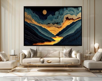 Layered Forest Mountains Style Sunset Canvas Wall Art, Landscape Illustration with Glowing River and Moon