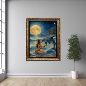 Fantasy Ozean Kunst mit Frau und Delfin unter Vollmond Digitaler Wanddruck Magische Strandszene Spirituelle Natur Inspiriert Poster Dekor