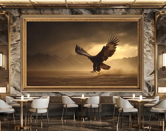 Majestic Eagle Landing Canvas Wall Art Powerful Wildlife Print with Mountain Sunset Background for Rustic Nature or Office Decor