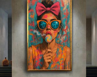 Colorful Pop Art Girl Portrait – Lollipop Girl with Sunglasses and Pink Bow in Graffiti Style Vibrant Urban Wall Print