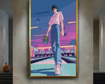 Retro Anime Bowling Canvas Wall Art – 80s Vaporwave Style Character Illustration – Neon Bowling Alley Print for Game Room or Teen Decor