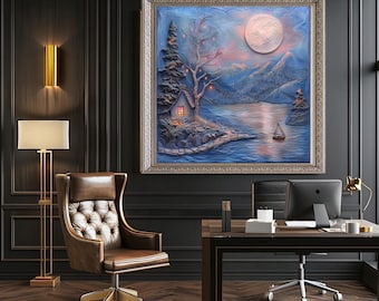 Whimsical Moonlit Lake Canvas Wall Art – Textured Fantasy Landscape with Cabin, Sailboat and Mountains in Magical Blue and Pink Tones