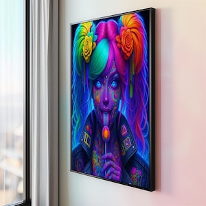 Póster psicodélico de chica de neón con piruleta de pelo arcoíris, arte pop digital, colorido, estilo tatuaje, decoración de pared alternativa y atrevida para habitación de adolescente.