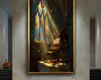 Magical Piano Canvas Wall Art – Fantasy Sunlit Cathedral Scene with Butterflies – Enchanted Music Print for Dreamy Home Decor