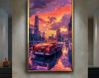 Vintage Red Convertible City Sunset Canvas Wall Art – Classic Car with Skyline and Rain Reflections Urban Retro Scene Decor