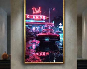 Neon Rainy Night Diner Canvas Wall Art – Retro Classic Buick Car and Vintage 80s Synthwave Scene for Home or Bar Decor