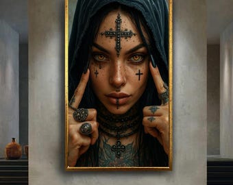 Gothic Woman With Cross Tattoos Canvas Art Dark Aesthetic Portrait Poster Alternative Style Wall Print For Edgy Room Or Tattoo Decor