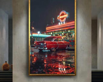 Neon Rainy Night Diner Canvas Wall Art – Vintage Red Buick Classic Car with 1950s Retro Sign and Reflections Scene Decor