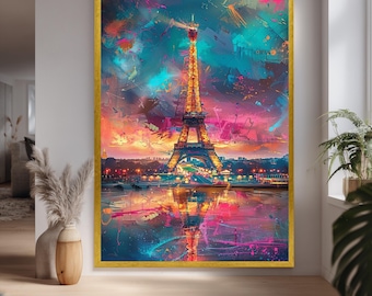 Colorful Eiffel Tower Canvas Art Print, Abstract Paris Cityscape Wall Art, Vibrant Neon Skyline Decor, Modern France Artwork
