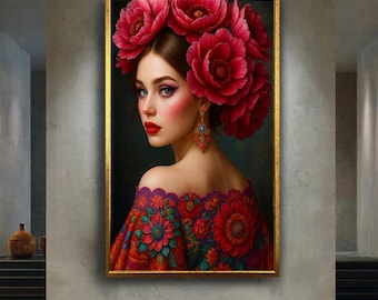 Elegant Floral Woman Portrait Wall Art Print | Red Flower Crown Lady Canvas | Colorful Feminine Fine Art for Glamorous Home Decor