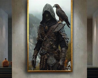 Hooded Ranger with Eagle Canvas Wall Art – Medieval Fantasy Assassin Archer, Dark Hunter Print for Epic Adventure Home Decor