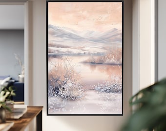 Soft Winter Landscape Canvas Wall Art with Snowy Trees, Frozen River and Pastel Mountains, Minimal Nature Print for Modern Home Decor