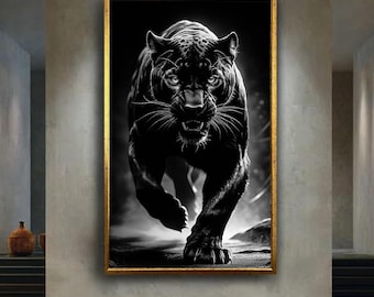 Black Panther Canvas Wall Art – Powerful Wild Cat in Dramatic Black and White Photography for Bold and Modern Home Decor
